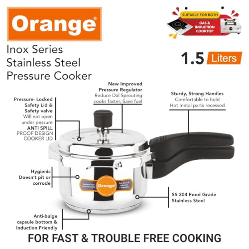 Image of Orange Inox Series Cute Small Stainless Steel Outer Lid Pressure Cooker With Sturdy Handle 1.5L | Induction Friendly | Deep Lid for Spillage Control | 2.5mm Base Thickness | 5Year Warranty | Silver