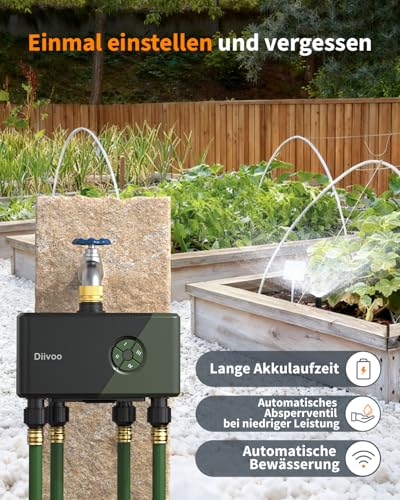 Diivoo Bewässerungscomputer 4 Ausgänge WLAN mit Messingeinlass, Smart Wasserzeitschaltuhr Garten kompatibel mit Alexa/Google Assistant, 24 Pläne, Regenverzögerung & Nebelmodus für Garten Rasen