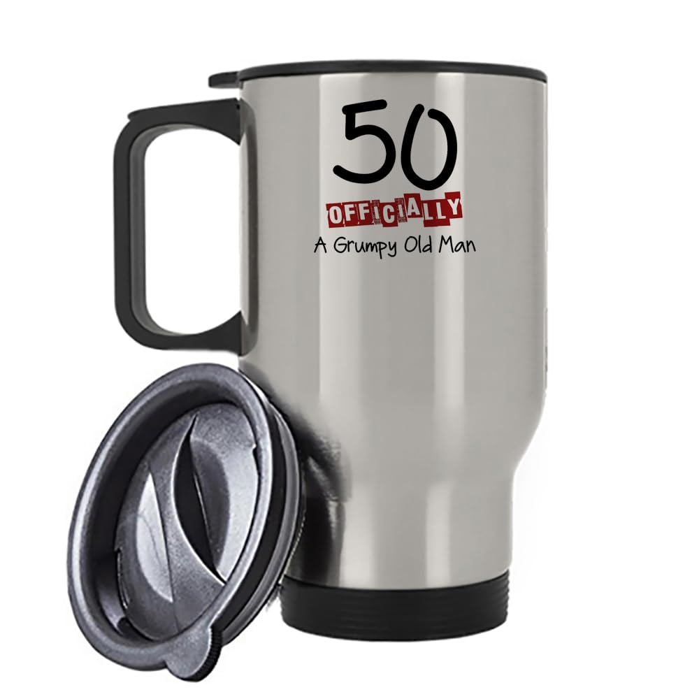 Giftme 50 Officially A Grumpy Old Man, 50th Birthday Mug, Travel Silver White Tea Coffee Mug. (Silver)