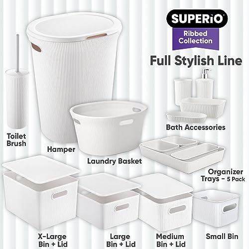 Image of Superio Ribbed Collection - Decorative Plastic Laundry Basket with Cut-Out Handles, White (1 Pack) Hamper Organzier for Bedroom Bathroom College Dorm Room 35 Liter