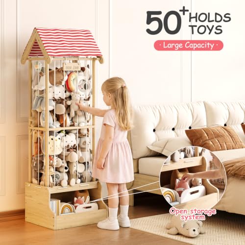 Image of Stuffed Animal Storage, Wooden Stuffed Animal Zoo with Toy Box and Triangular Ceilings, Vertical Stuffed Animal Holder with Thicker Elastic Band, Plushies Storage for Playroom, Nursery, Bedroom