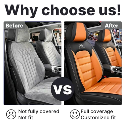 Image of Front Set Car Seat Covers for Jeep Compass 2007-2026, Waterproof Stain-Resistant Seat Cover, Premium Nappa Leather Seat Protectors with Storage Pockets(Standard 2 Seats /Black&Orange)