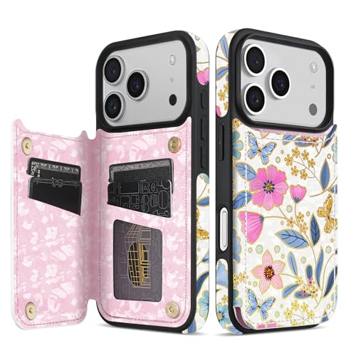 Étui iPhone 17 Pro Max en cuir fleuri avec blocage RFID haut de gamme