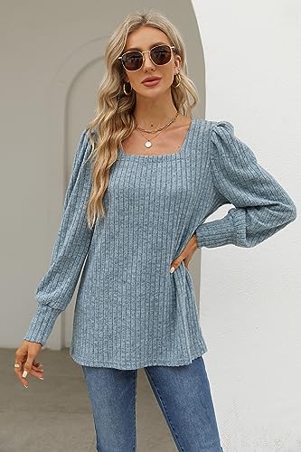 Image of WIHOLL Long Sleeve Shirts for Women Trendy Casual Square Neck Tops Lightweight Sweaters