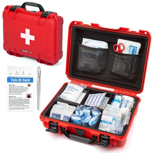 NANUK 910 Waterproof First Aid Kit 146pcs – Durable, Pre-Stocked First Aid Emergency Kit with Bandages, Tick Removal Tool, and More – Dustproof, Impact-Resistant, Floats (14.3