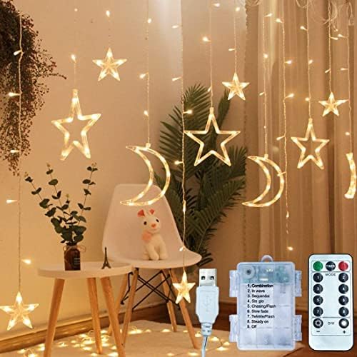 Arespark LED Mond Sterne Lichterkette, 3,5M Lichtervorhang Batteriebetriebe+USB Ramadan Lichterkette Weihnachtsbeleuchtung Sternenvorhang, 8 Modi, IP44, Ideal für Fenstervorhang Weihnachten Balkon