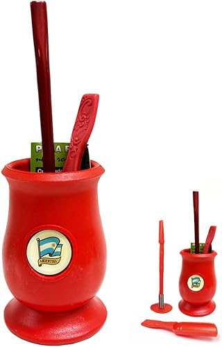 Miniatura 3 de Argentina Innovador Mate Calabaza con Cuchara Taza Pajita Bombilla Set Autolimpiable Rojo
