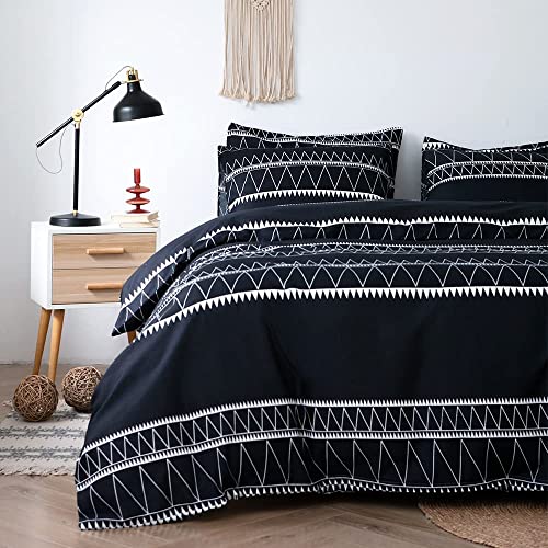 Lekesky Double Duvet Cover Set Black Bedding Set Boho Stripe Print Double Duvet Set including Zipper (1x Quilt Cover + 2x Pillowcases) Ultra-Soft Microfiber Black Bedding - Image 2