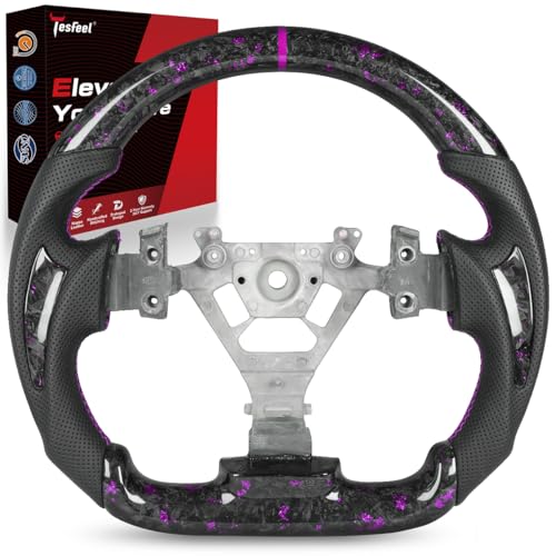 TESFEEL Steering Wheel for Nissan 350Z 20032008 Purple Foil Carbon Fiber Finish Black Nappa Leather Grip Hand-Stitched D-Shape Flat-Bottom Design