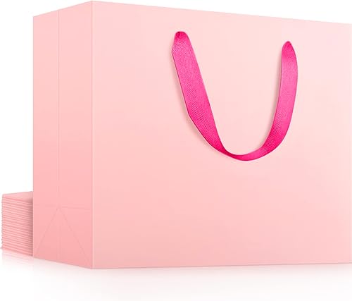 EUSOAR Bolsas de regalo rosas extra grandes, paquete de 12 bolsas de compras de 16 x 6 x 12 pulgadas con asas a granel, bolsas de envoltura al por