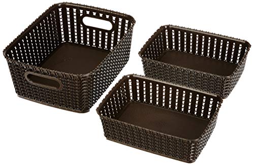 Image of Amazon Brand - Solimo Plastic 3 Piece Storage Basket Set, Brown, Rectangular