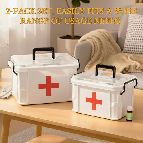 Image of 2 Pack Clear Medicine Organizer Box with Handle, Plastic Medicine Container with Tray First Aid Box Empty, Thickened Medicine Storage Organizer Multipurpose Medication Organizer Storage, White