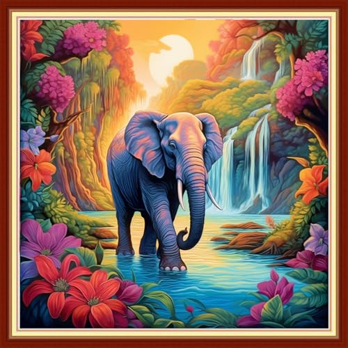 Image of Joyhoor Stamped Cross Stitch Kits for Beginners, Needlepoint Kits for Adults, 11CT Counted Embroidery Kits-Elephant Falls 18x18 inchs