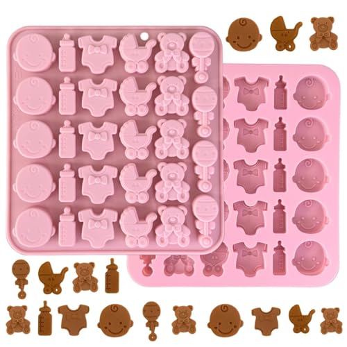 Moldes de silicona para chocolate con temática de baby shower, sonajero, cochecito, oso de peluche, botella, cabeza y mameluco, moldes de chocolate 3D para baby shower, cumpleaños (1 pieza)