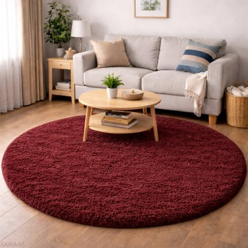 Image of Premium Polyester Shaggy Round Rug - Ultra Soft Fluffy Circle Carpet for Bedroom, Living Room, Kids Room, Anti-Skid Plush Floor Rug - (Maroon, 5 feet|150cm)