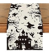 Artoid Mode Black White Spooky Haunted House Tree Ghost Witch Halloween Table Runner, Fall Kitche...
