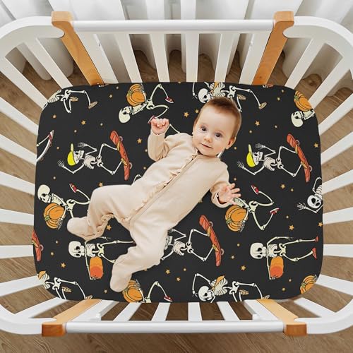 Image of Halloween Dancing Skeletons Crib Sheets Soft Breathable Fitted Baby Crib Sheets Mattress Cover for Girl Boys, 52 inch x 28 inch x 9 inch