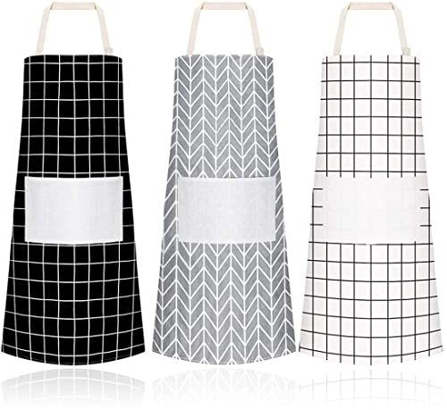 Image of KPNG Lattice Cotton Linen Apron Woman Adult Bibs Home Cooking Baking Coffee Shop Cleaning Aprons Kitchen Accessory (Pack Of-3, Mix)