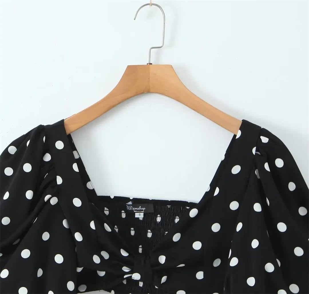 Women's Polka Dots Printed Set High Waist Slit Skirt Short Sleeves Square Neck Cropped Top Set