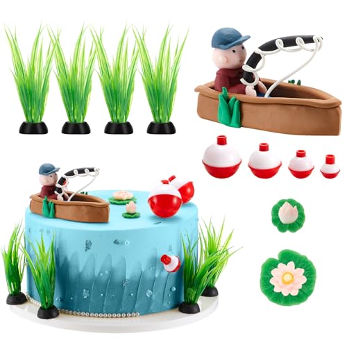 Simgoing 14 Pcs Fishing Cake Topper Decorations Fishman Rod
