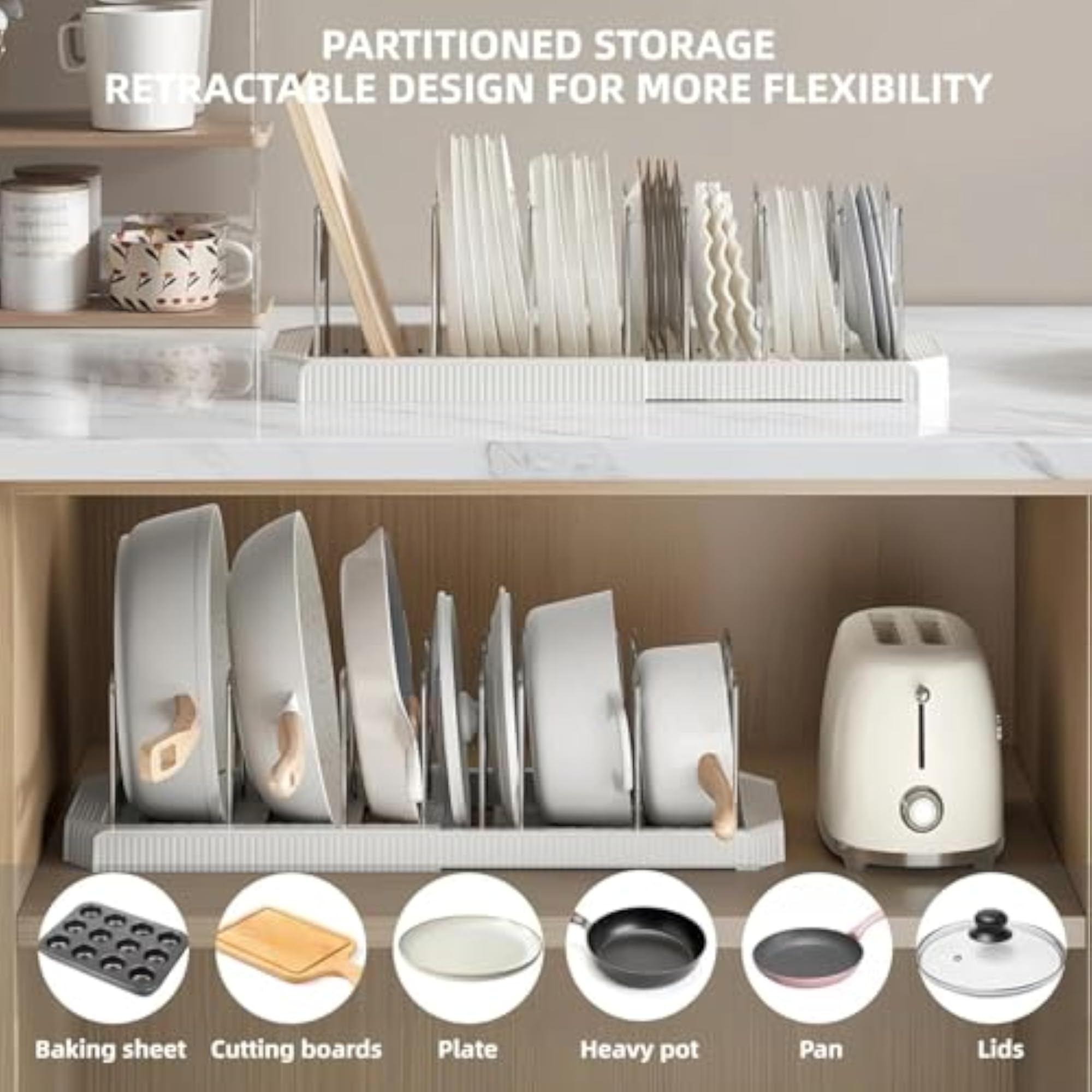 Expandable Pan and Lid Rack, Adjustable Kitchen Organizer