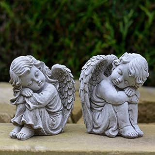 ONEFOLD - RESTING ANGELS PAIR HAND CAST STONE GARDEN ORNAMENT / STATUE