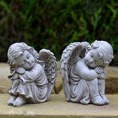 ONEFOLD - RESTING ANGELS PAIR HAND CAST STONE GARDEN ORNAMENT / STATUE