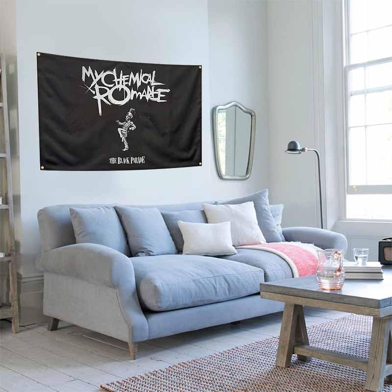 Image of Funny My Chemical Music Flag Romance Black Background With Brass Grommets 100% Polyester Man Cave Bedroom Wall Art Decor