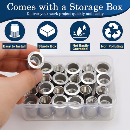 Image of 3 /8''-16 UNC Rivet Nut, 28Pcs 304 Stainless Steel Flat Head Rivnut Threaded Insert Nutsert