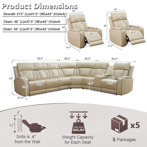 Image of Power Recliner Sectional Sofa Set with LED, Living Room Furniture Sets, L-Shaped Recliner Sofa & 2 Chairs, Luxury Sectional Couch with Charging /Storage for Living Room