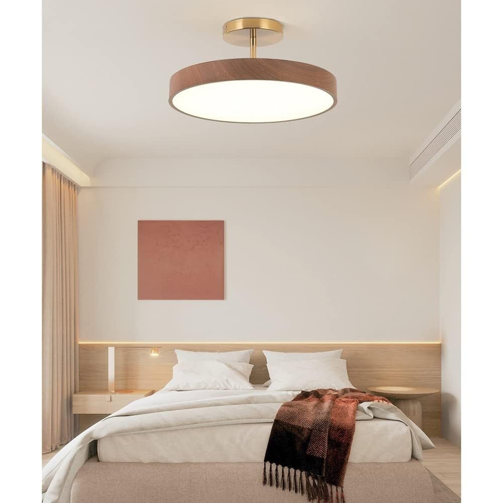 Plafon de Techo Moderno Lámpara de Techo Japonesa Moderna para Dormitorio LED de 24 W Redonda con Veta de Madera para Sala de Estar (Color Nogal)