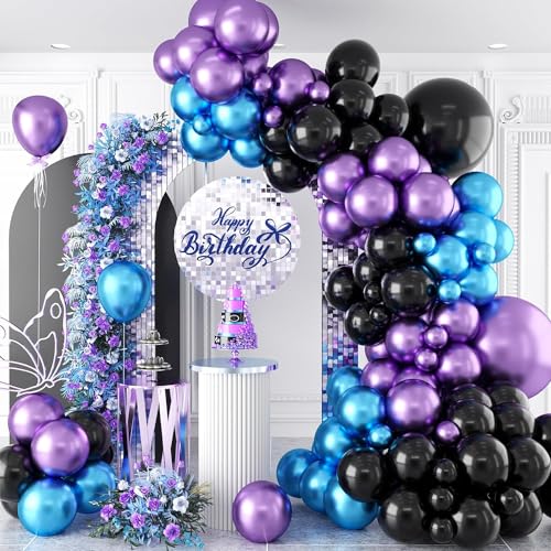 Flyloons 50 pcs Black Blue Purple Metallic Chrome Balloons for Birthday Decoration items celebration Anniversary Girls Boys Men Women