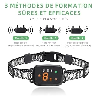 Collier Anti Aboiement Chien, 4 Modes Son/Vibration/Choc Electrique, Réglable 8 Niveaux de Sensibilité, Rechargeable Contrôle Anti-aboiement Intelligent, Étanche IP67 pour Gros Petit Chien-Noir