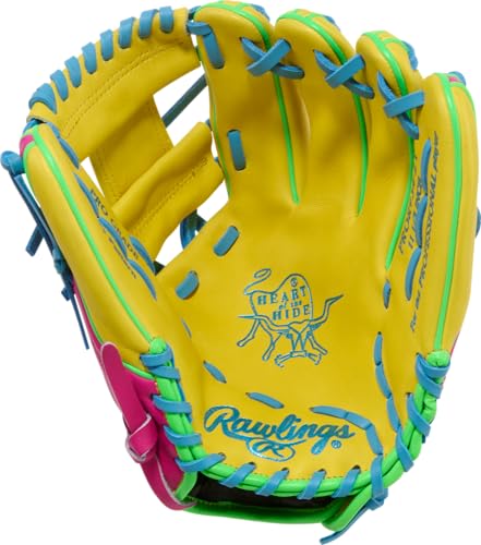 Rawlings | Heart of THE Hide Spring Break Edition Baseball Glove | 11.5" | RHT | Pro I Web | Yellow/Pink/Columbia Blue/Green - image 3