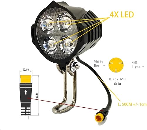 Miniatura 5 de Faro LED para bicicleta Ebike 36 V 48 V bicicleta para scooter eléctrico luz delantera 3pin conector cuerno incorporado 4 bombillas LED accesorios