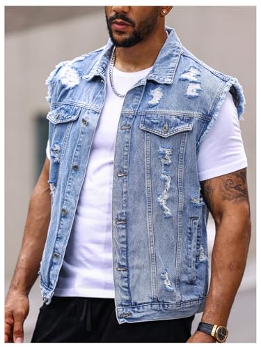 Floerns Men's Distressed Ripped Jean Vest Sleeveless Button Front Denim Vest Jacket4