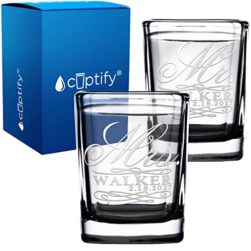 Personalized Mr and Mrs Shot Glasses 2oz Set Black Bottom Custom Engraved for Couples, Wife and Husband, Fiance and Fiancee, Bride and Groom at Wedding Party, Anniversary and Engagements
