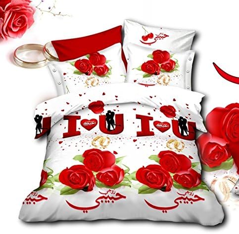 3D Bedding Set LOVE White with Red Roses Single Double King Size Duvet Cover + 2 Pillowcases 3pcs Set, Arabic Words (Single)