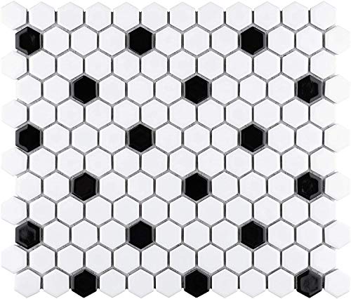 USCT Hexagon 1x1 White with Black Dots Hex Porcelain Mosaic Floor Wall Tile Backsplash Matte Look for Kitchen, Bathroom Shower, Accent Wall, Fireplace