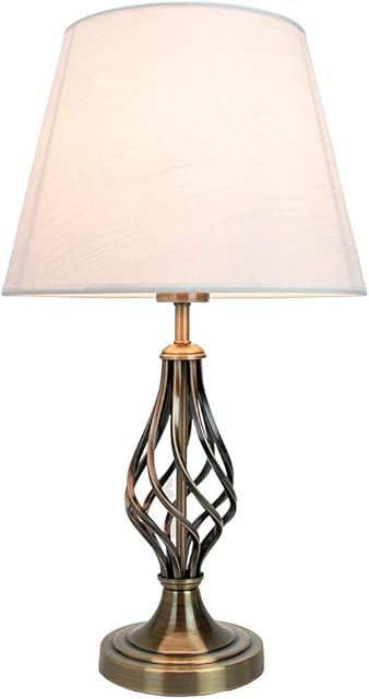 Traditional Antique Brass Table Lamp with Barley Twist Metal Base and Ivory White Linen Shade | 60w Maximum | Ideal for Bedside Lamps by Happy Homewares