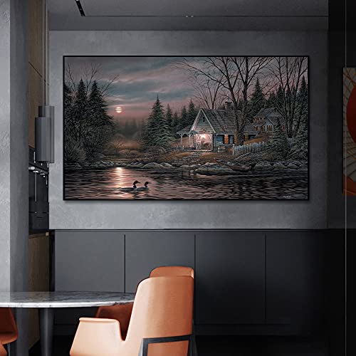 Lot Basic Terry Redlin Quiet Night Landscape Painting, Wall Canvas Print, Wall Poster, Home Decor, Living Room, Bedroom With Frame (40X60Cm,With Frame) #TOP4