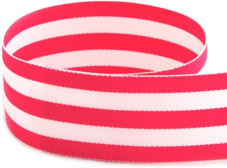 USA | American Made 7/8" Hot Pink Geranium & White Taffy Striped Grosgrain Ribbon - 100 Yards