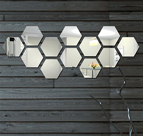 Yusylvia 12Pcs Hexagonal 3D Acrylic Mirrors Wall Stickers Home Decor Living Room Diy Modern Art Mirror Wall Mural Decoration (Large, Silver) #TOP3