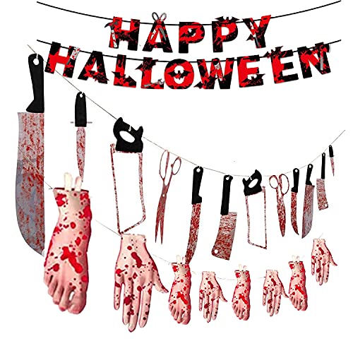 3 Sets Halloween Bloody Banner Garland, including Happy Halloween Banner, Bloody Weapon Garland & Fake Scary Broken Hands Feet Hanging Decor, Halloween Zombie Vampire Party Decorations Supplies