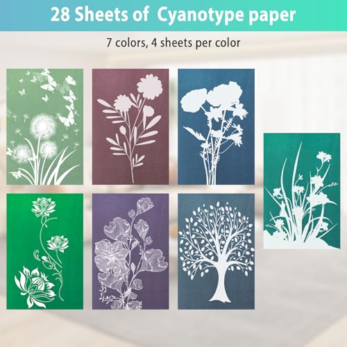 62 Stück Cyanotypie Papier Kit,A5 Hochempfindliches Sonnendruckpapier Naturdruckpapier mit 2 Acrylblatt und 32 Schablonen,Sonnenpapier für Kinder Erwachsene Handwerk DIY zum Basteln