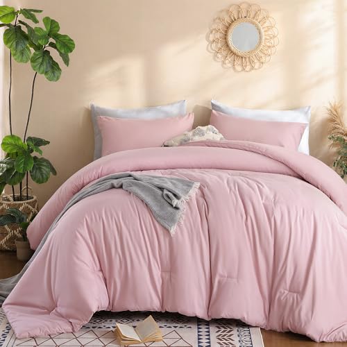 Image of weigelia Super-Soft Micorfiber Comforter Set - King Size Pink Lightweight Warmth Comforter for All Season Use, Machine Washable Pink Bedding Set (1 Comforter, 2 Pillowcases)