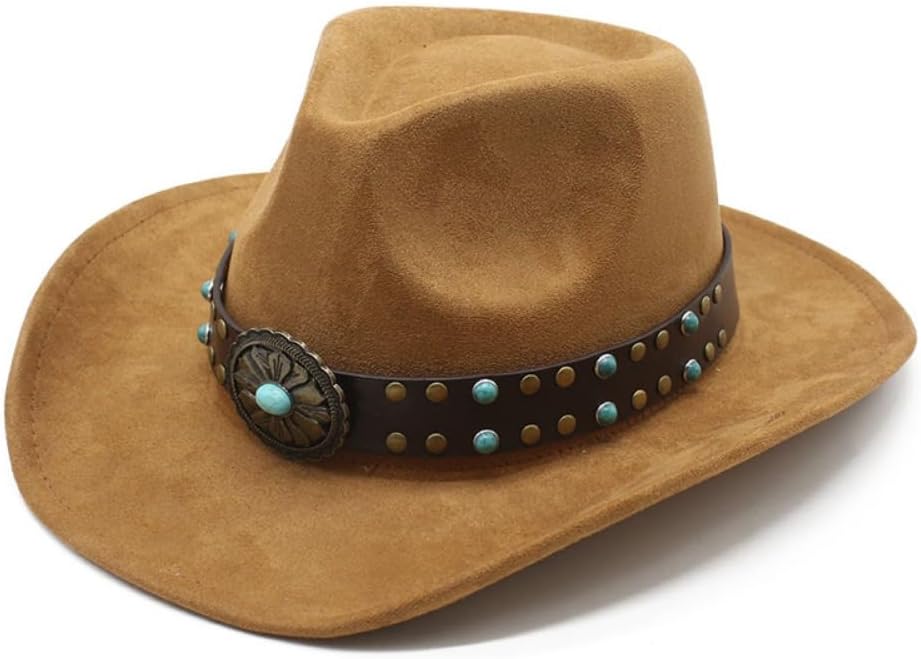 Western Cowboy Hat with Turquoise Studded Leather Band, Taupe, Faux Suede, Wide Brim, Longhorn Concho Accent, Classic Style