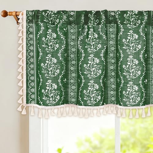 Image of Yinhua Boho Valance Curtains Vintage Linen Kitchen Valances for Windows Light Filtering Bohemian Floral Valance Rod Pocket Tassel Window Valances for Bathroom Cafe, 52 inch W X 18 inch L, Olive Green