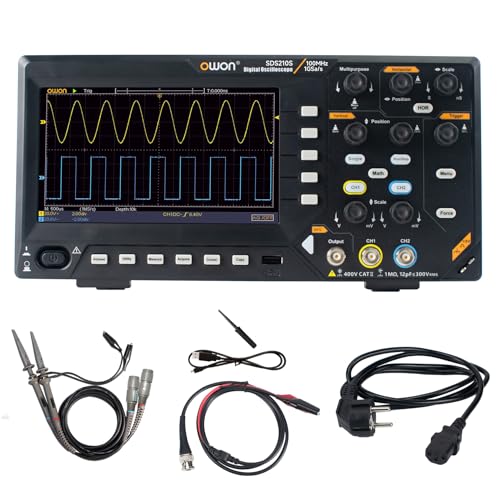 OWON Digitales Oszilloskop mit Zweikanalkanälen und 7-Zoll-Bildschirm, TFT-LCD-Display, tragbares Oszilloskop mit 1GS/s Abtastrate, Bandbreite 100 MHz, 8K Wellenformlänge, SDS210S