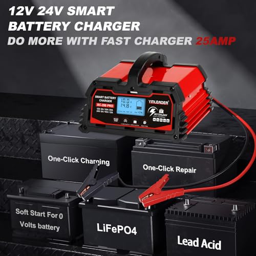 Battery Charger 25A, 12V/24V Lead Acid Smart Battery Charger, 12V LiFePO4 Car Battery Trickle Charger, Automatic Battery Maintainer for Car Motorcycle Lawn Mower Marine Boat Lead Acid Batteries